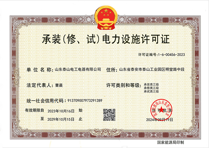 License for Installation (Repair, Testing) of Power Facilities